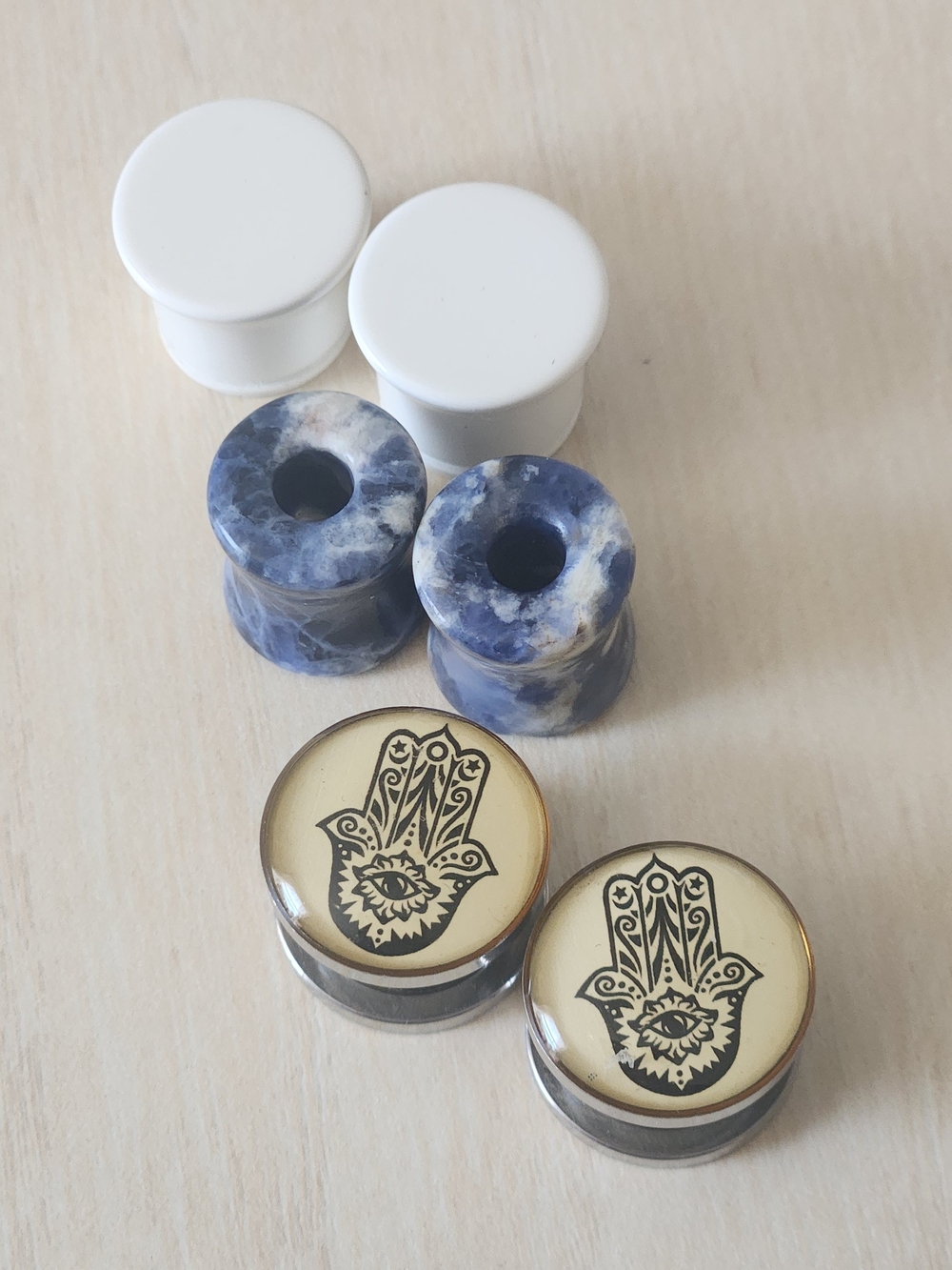Hamsa Ear Plugs, White Acrylic Plugs + Blue Sodalite Stone Tunnels Set